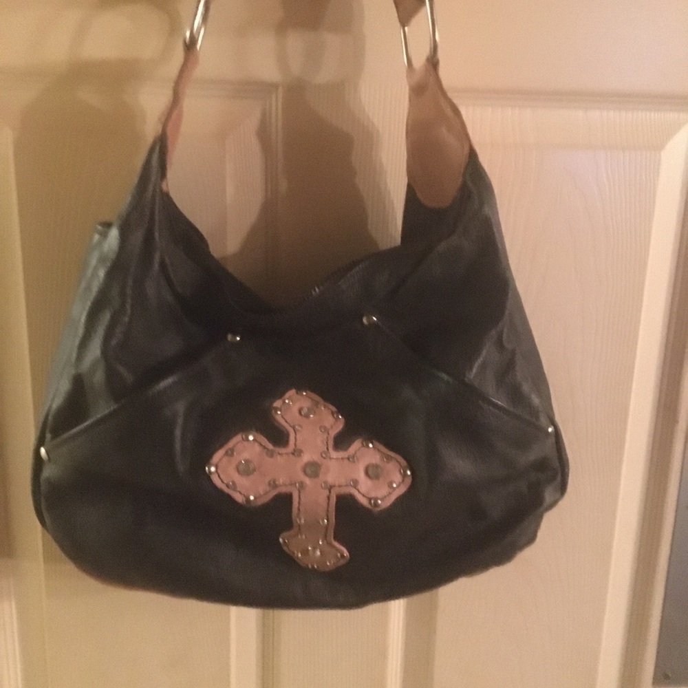 Black Hobo Shoulder Bag with Studded Cross Accent